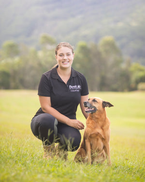 Dog smiles kneeling next to her happy dog